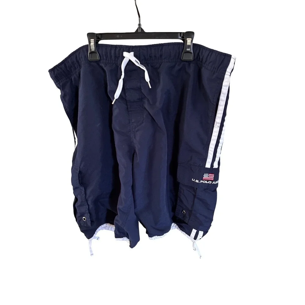 U.S. Polo Assn Swim Trunks Navy Blue White Stripe Cargo Pocket Mens Large